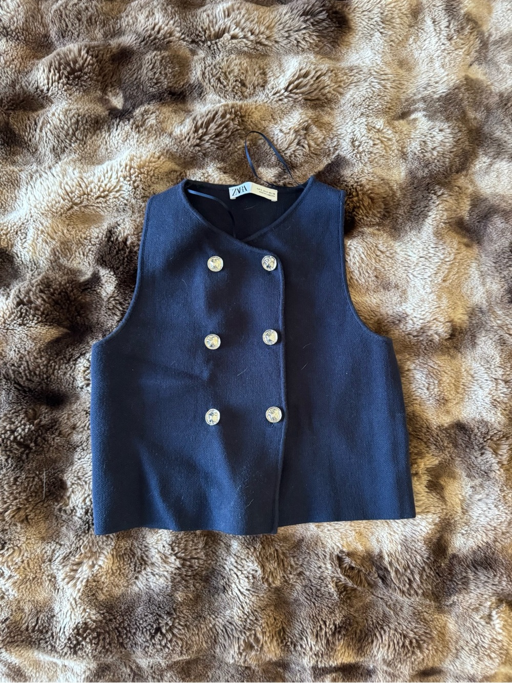 Zara Navy Double-Breasted Cropped Vest with Silver Buttons